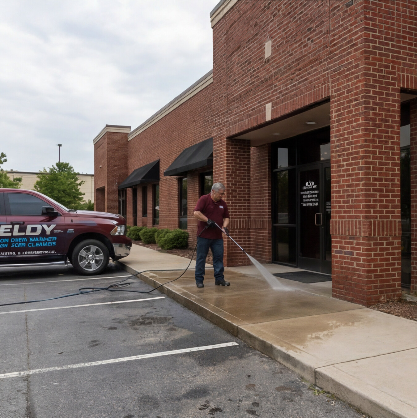 Commercial pressure washing of a brick storefront sidewalk